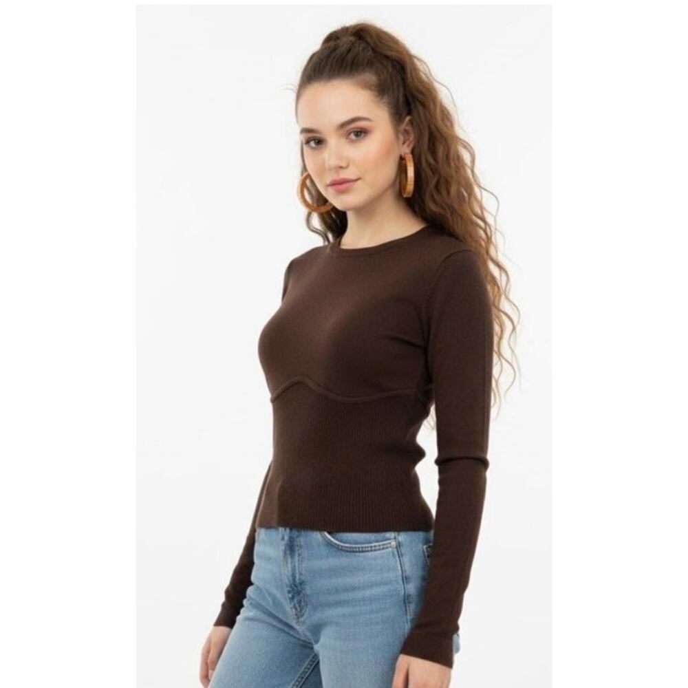 Aritzia Babaton Sculpt Knit Empire Longsleeve Corset Sweater in Brown, 2XL